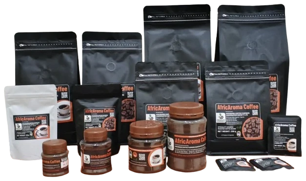 The AfricAroma coffee range: jars, packets, sachets and roasted beans